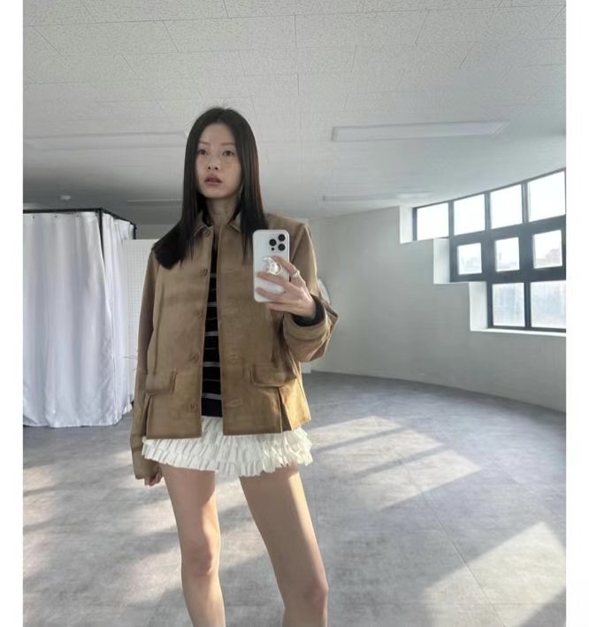 FLAT韓國直郵㊣女裝新品時尚熱賣休閑25春夏推薦人氣夾克麂皮FLAT夾克