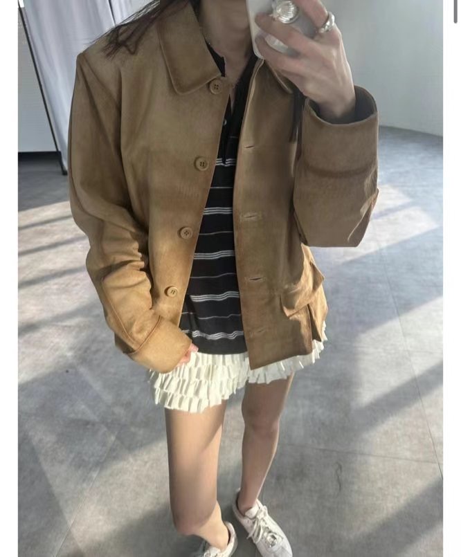 FLAT韓國直郵㊣女裝新品時尚熱賣休閑25春夏推薦人氣夾克麂皮FLAT夾克