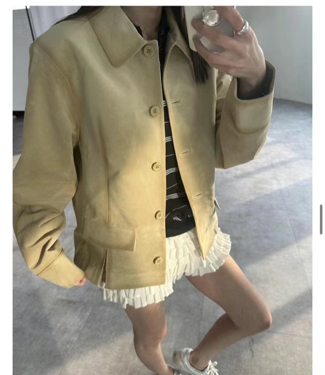 FLAT韓國直郵㊣女裝新品時尚熱賣休閑25春夏推薦人氣夾克麂皮FLAT夾克