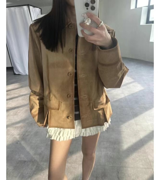 FLAT韓國直郵㊣女裝新品時尚熱賣休閑25春夏推薦人氣夾克麂皮FLAT夾克圖色2