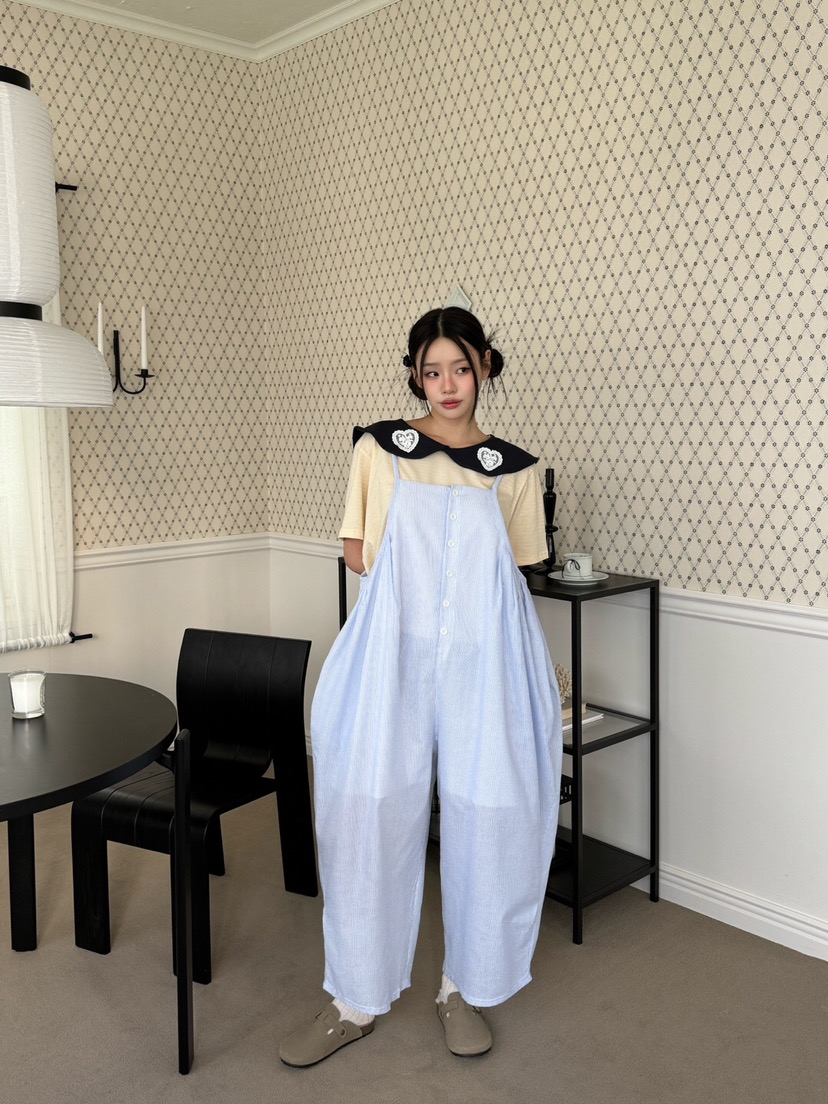 MAISONDEGLORY韓國直郵㊣女裝新款推薦休閑25春夏背帶褲條紋MAISON DE GLORY背帶褲
