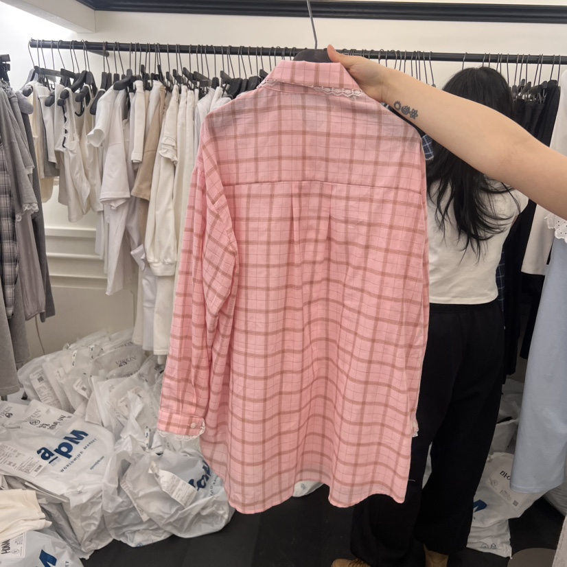 VIRKIN直郵韓國代購㊣女裝新品休閑熱賣襯衫蕾絲衫格紋蕾絲VIRKIN襯衫/蕾絲衫