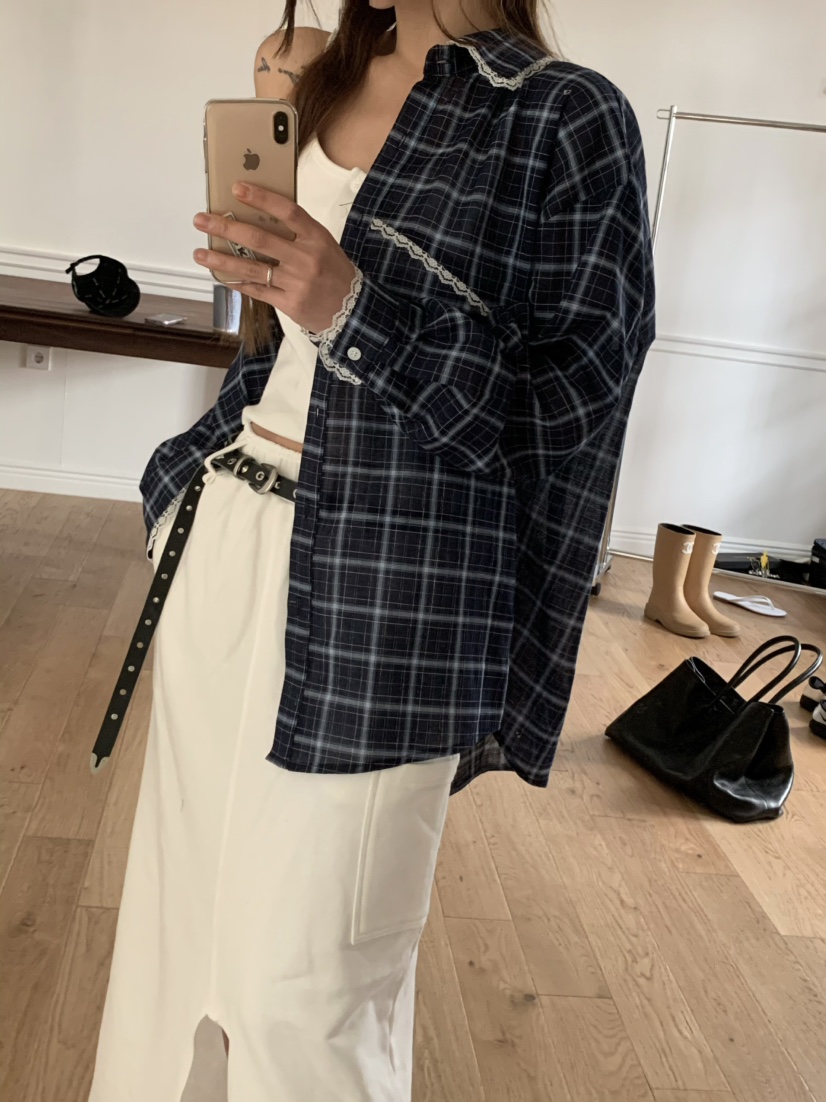 VIRKIN直郵韓國代購㊣女裝新品休閑熱賣襯衫蕾絲衫格紋蕾絲VIRKIN襯衫/蕾絲衫