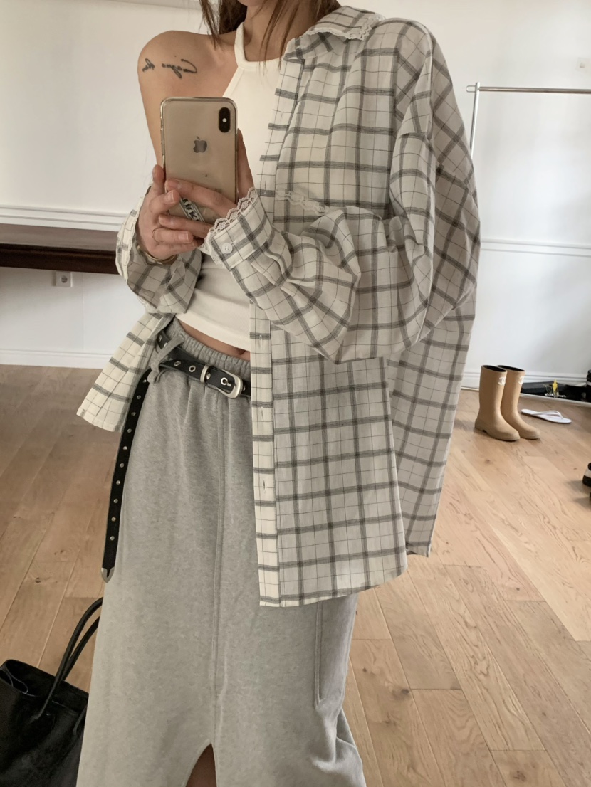 VIRKIN直郵韓國代購㊣女裝新品休閑熱賣襯衫蕾絲衫格紋蕾絲VIRKIN襯衫/蕾絲衫