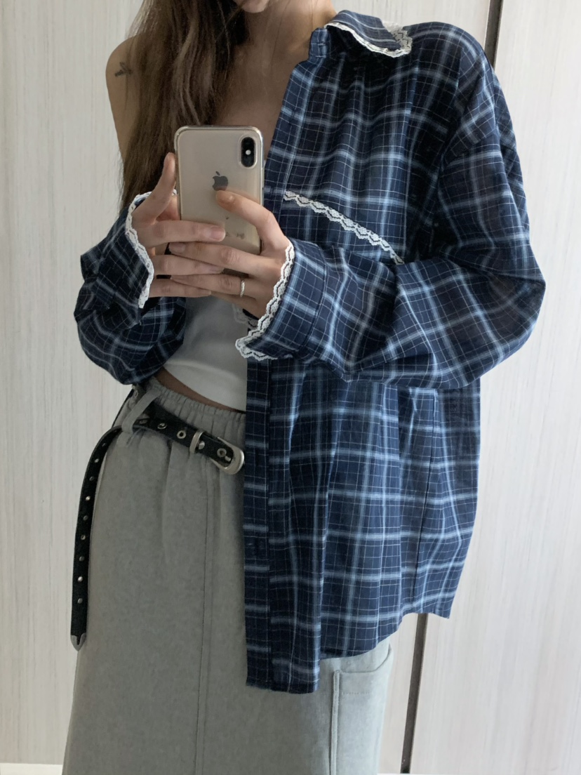 VIRKIN直郵韓國代購㊣女裝新品休閑熱賣襯衫蕾絲衫格紋蕾絲VIRKIN襯衫/蕾絲衫