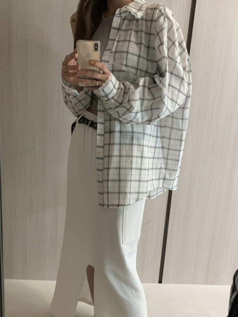 VIRKIN直郵韓國代購㊣女裝新品休閑熱賣襯衫蕾絲衫格紋蕾絲VIRKIN襯衫/蕾絲衫