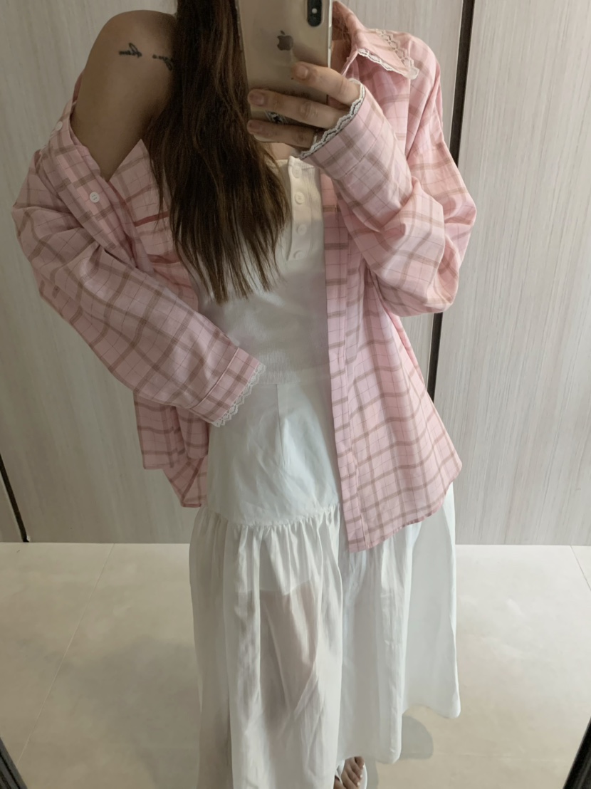 VIRKIN直郵韓國代購㊣女裝新品休閑熱賣襯衫蕾絲衫格紋蕾絲VIRKIN襯衫/蕾絲衫