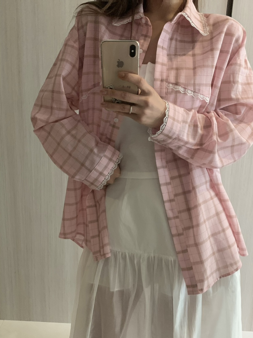 VIRKIN直郵韓國代購㊣女裝新品休閑熱賣襯衫蕾絲衫格紋蕾絲VIRKIN襯衫/蕾絲衫