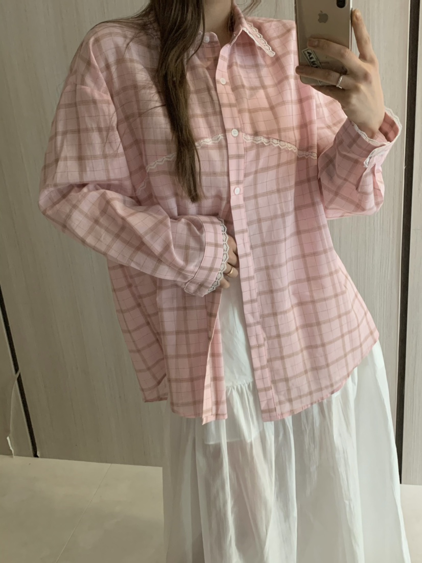VIRKIN直郵韓國代購㊣女裝新品休閑熱賣襯衫蕾絲衫格紋蕾絲VIRKIN襯衫/蕾絲衫
