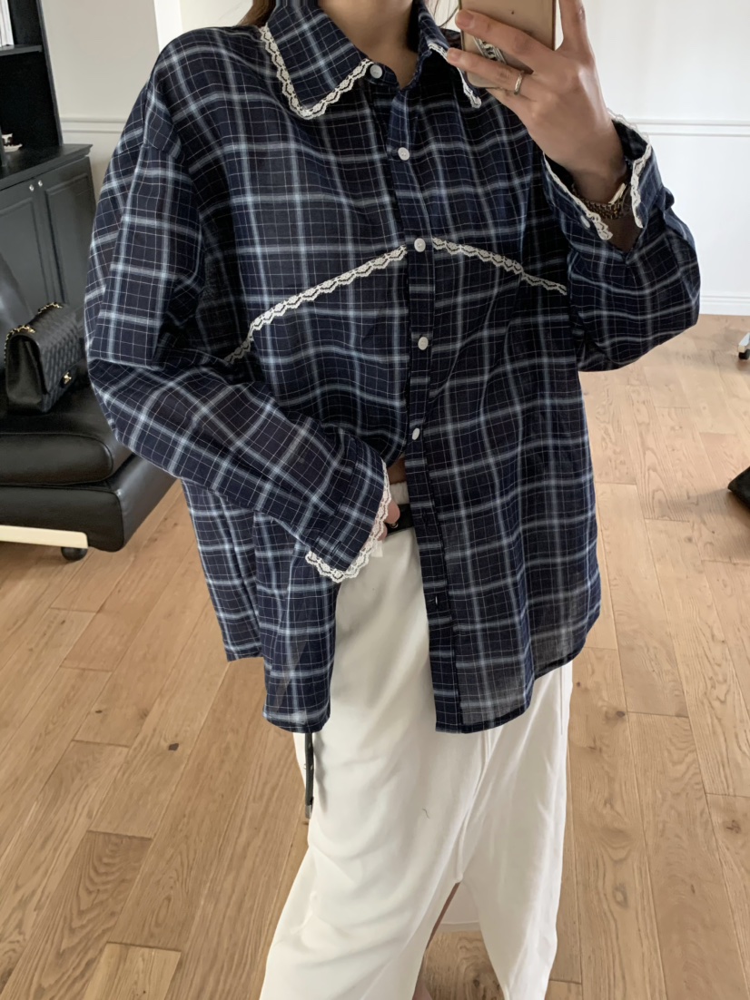 VIRKIN直郵韓國代購㊣女裝新品休閑熱賣襯衫蕾絲衫格紋蕾絲VIRKIN襯衫/蕾絲衫圖色3