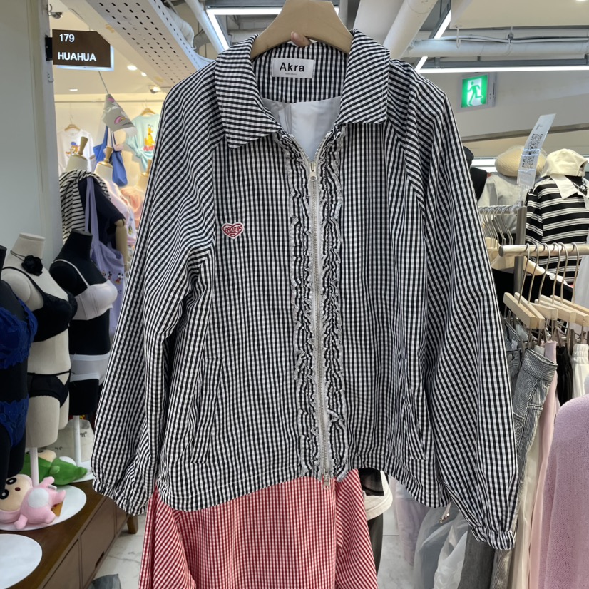 AKRA BY ART韓國㊣直郵東大門代購女裝新款25春夏夾克荷葉邊格紋AKRA BY ART夾克圖色2