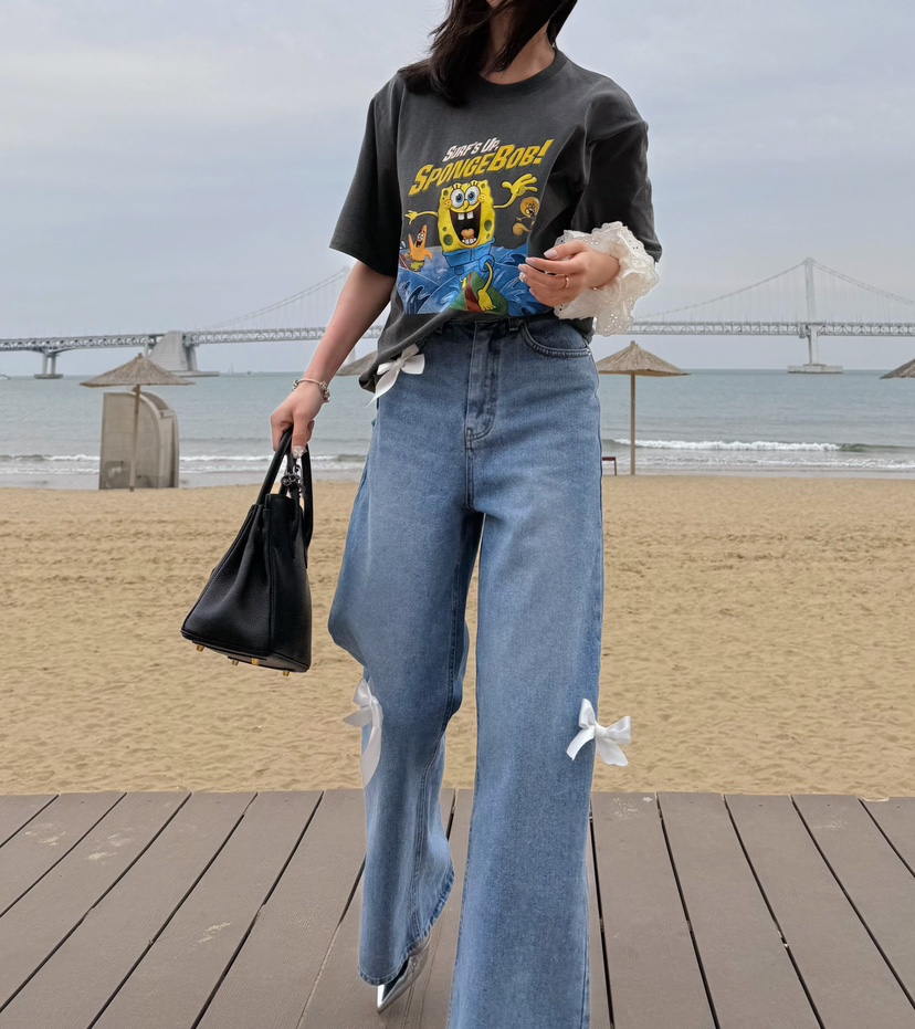 PARSLEY韓國直郵㊣女裝新款休閑25春夏人氣時尚牛仔褲蝴蝶結Daze牛仔褲