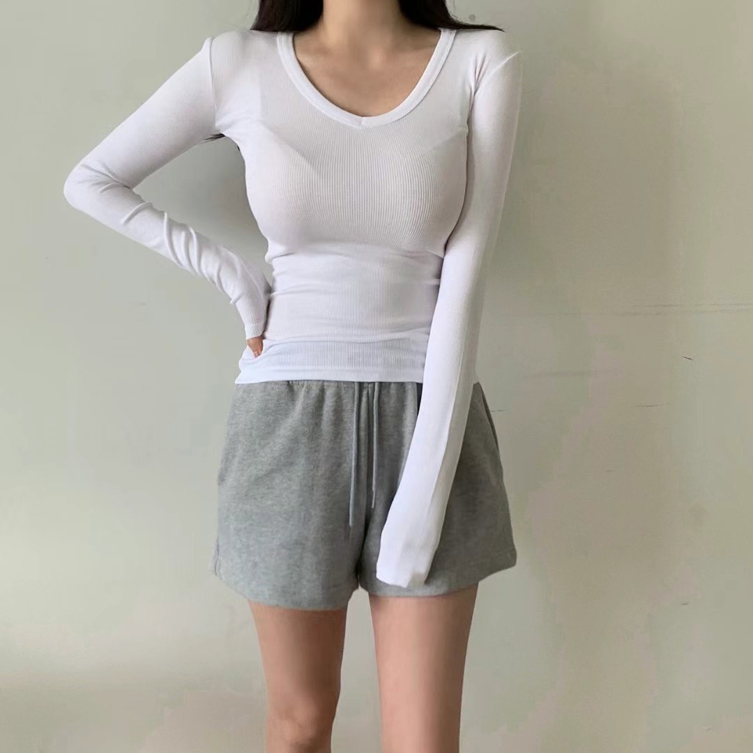 PUDDING直郵韓國代購㊣女裝新款25春夏時尚熱賣推薦長袖T恤V領PUDDING長袖T恤