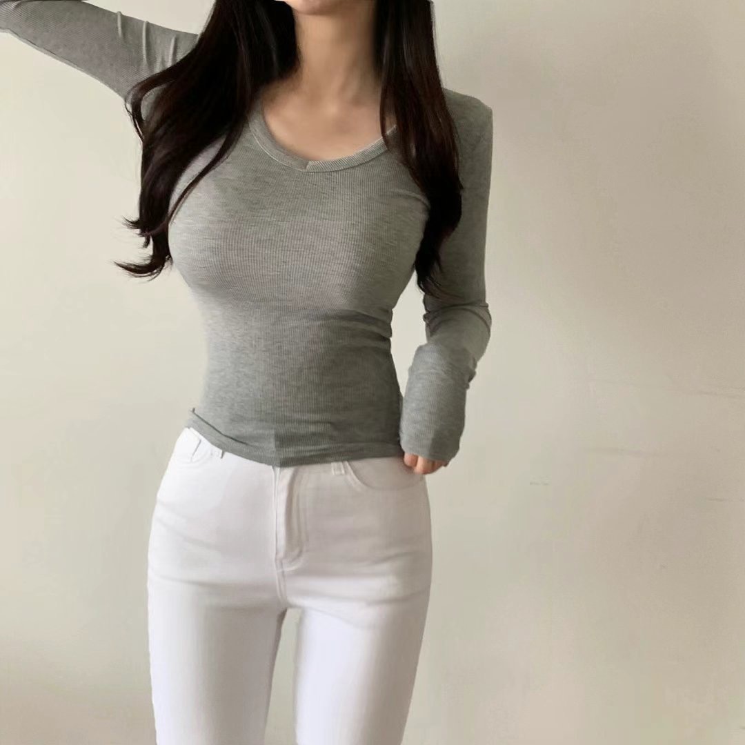 PUDDING直郵韓國代購㊣女裝新款25春夏時尚熱賣推薦長袖T恤V領PUDDING長袖T恤