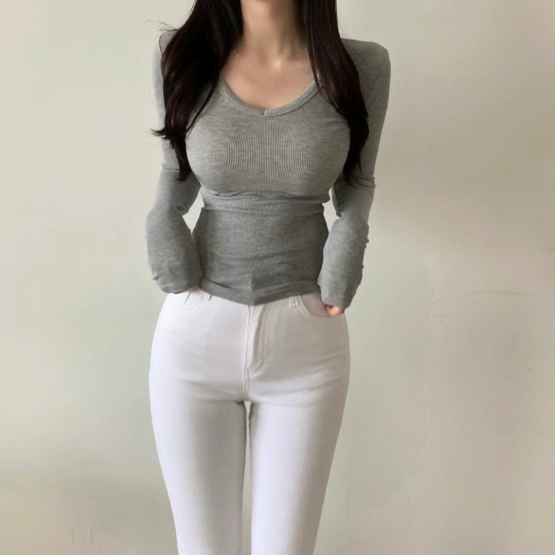 PUDDING直郵韓國代購㊣女裝新款25春夏時尚熱賣推薦長袖T恤V領PUDDING長袖T恤