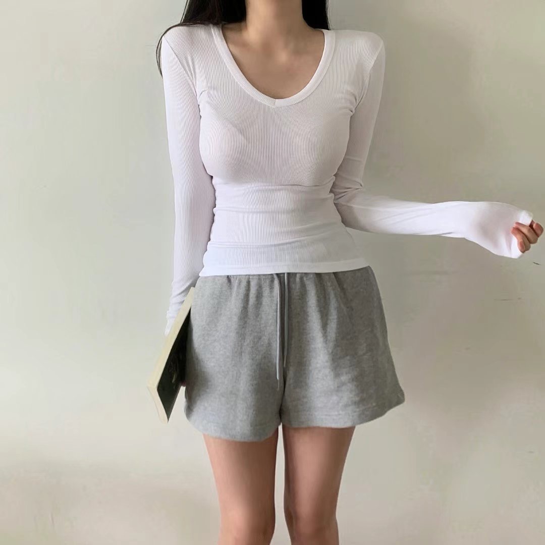 PUDDING直郵韓國代購㊣女裝新款25春夏時尚熱賣推薦長袖T恤V領PUDDING長袖T恤圖色3