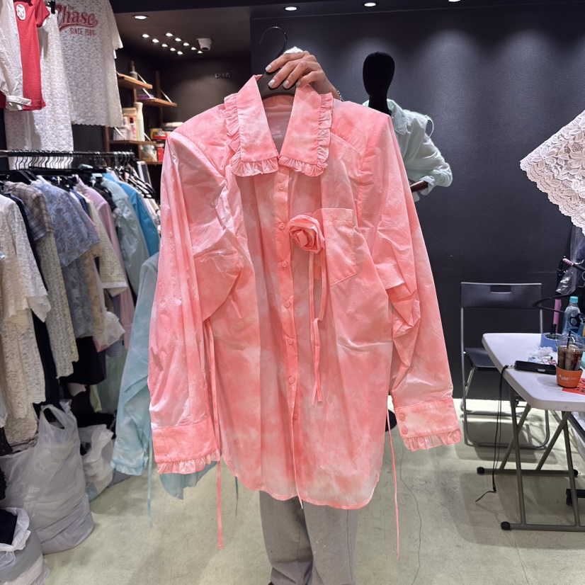 CHAVI直郵韓國代購㊣女裝新品時尚25春夏休閑襯衫蕾絲衫含腰繩CHAVI襯衫/蕾絲衫