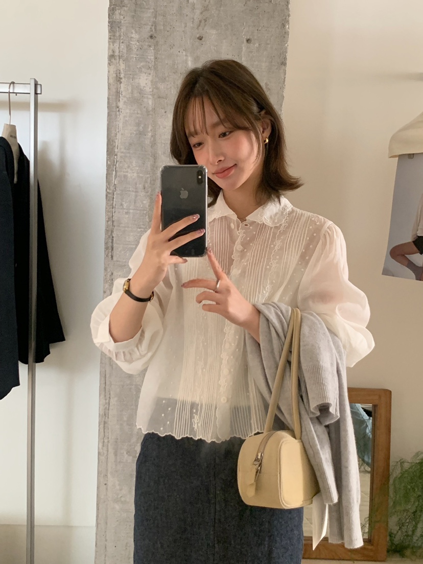 HER韓國㊣直郵東大門代購女裝新款推薦休閑時尚襯衫蕾絲衫蕾絲HER襯衫/蕾絲衫