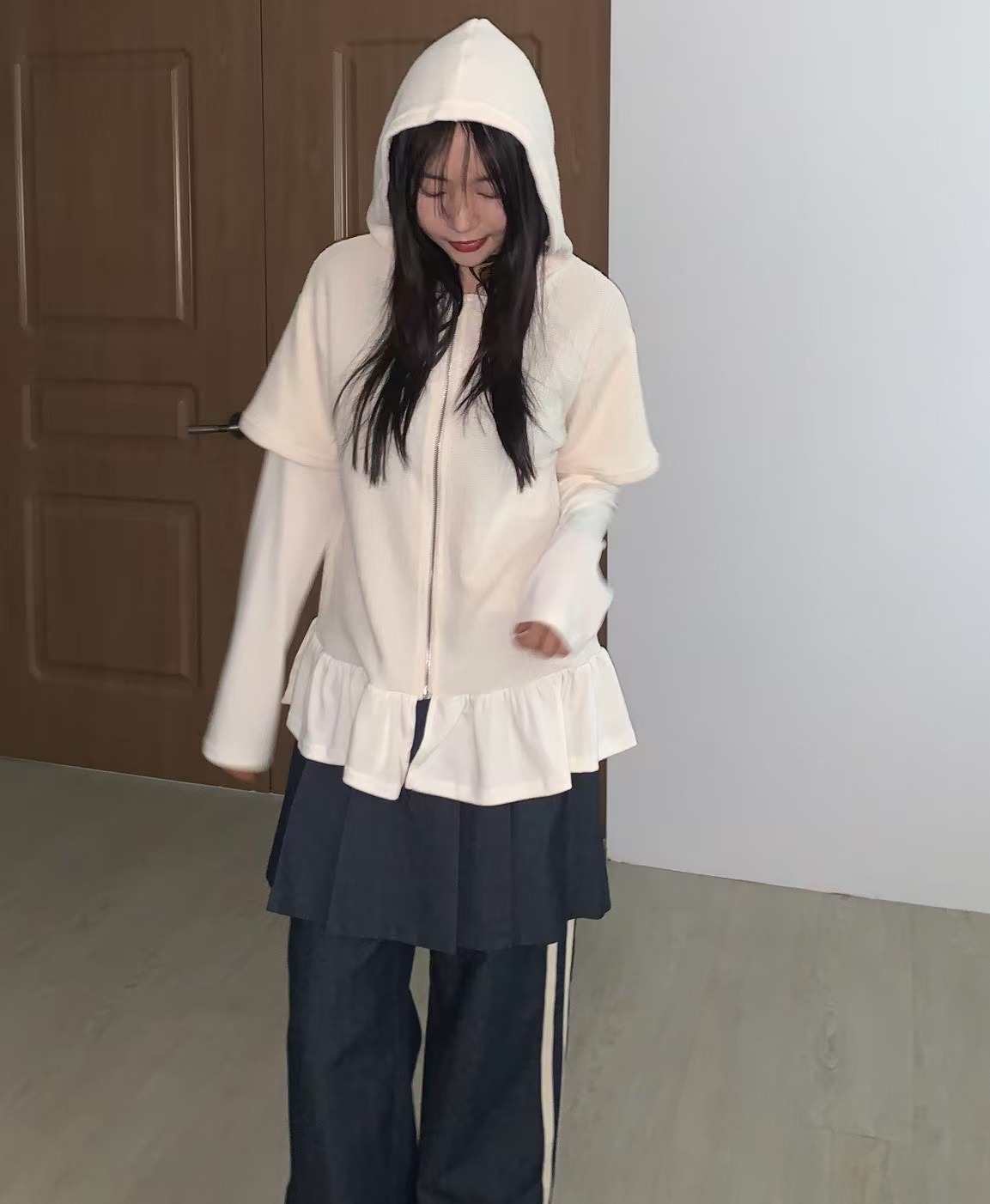 THELACREAM東大門代購女士新款熱賣25春夏職業衛衣荷葉邊兜帽THELACREAM衛衣