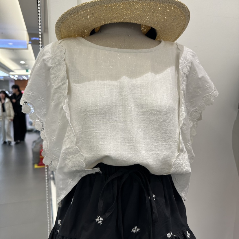 A.CES韓國直郵㊣女裝新款25春夏人氣時尚推薦熱賣T恤蕾絲亞麻A.CEST恤