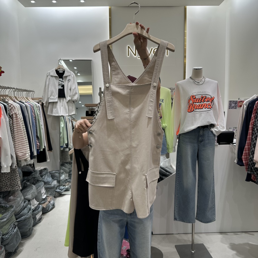 N YEN韓國直郵㊣女裝新款休閑人氣推薦時尚背帶褲口袋亞麻N YEN背帶褲