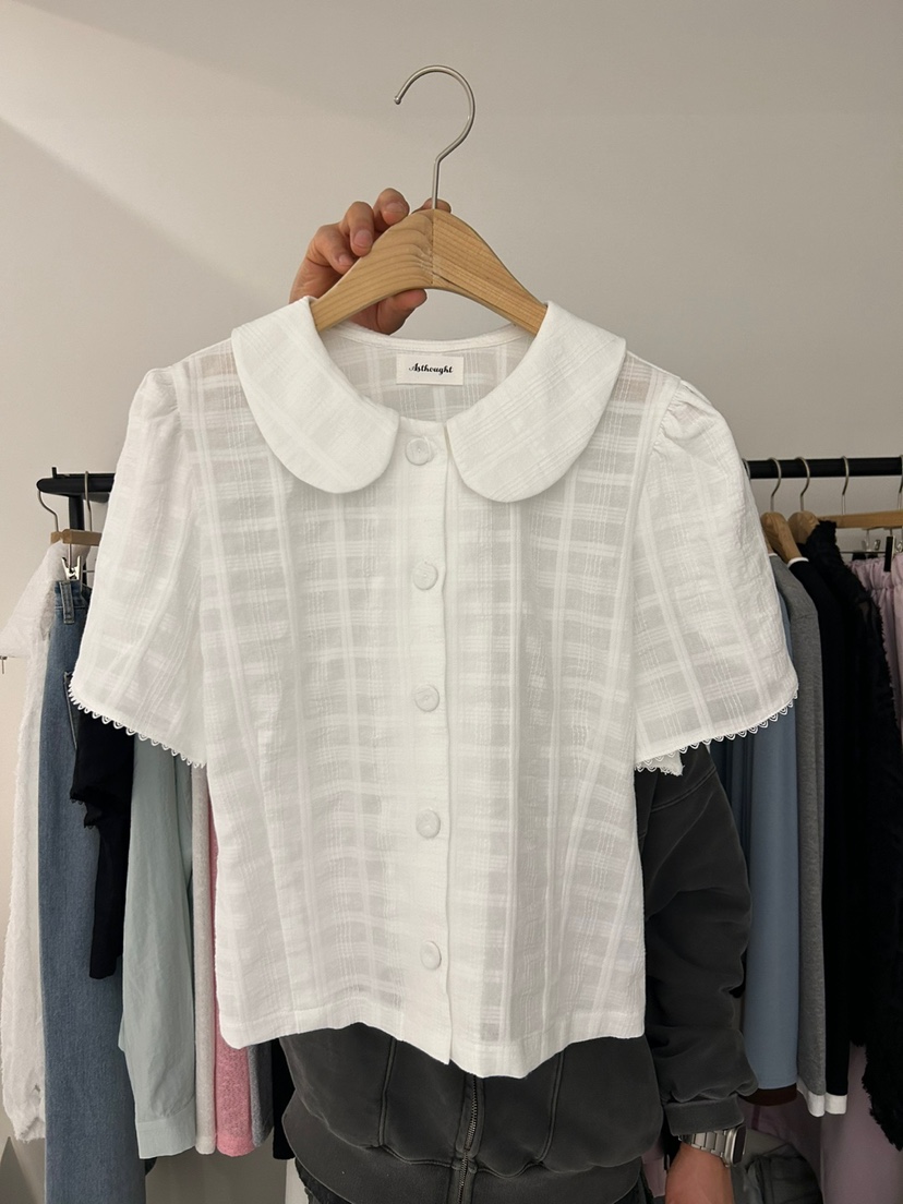 AS THOUGHT韓國直郵㊣女裝新品25春夏推薦休閑襯衫蕾絲衫格紋AS THOUGHT襯衫/蕾絲衫圖色1
