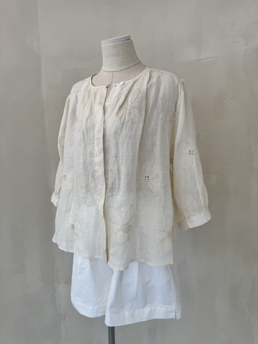 LAUNDRY韓國㊣直郵東大門代購女裝新品休閑襯衫蕾絲衫刺繡亞麻LAUNDRY襯衫/蕾絲衫