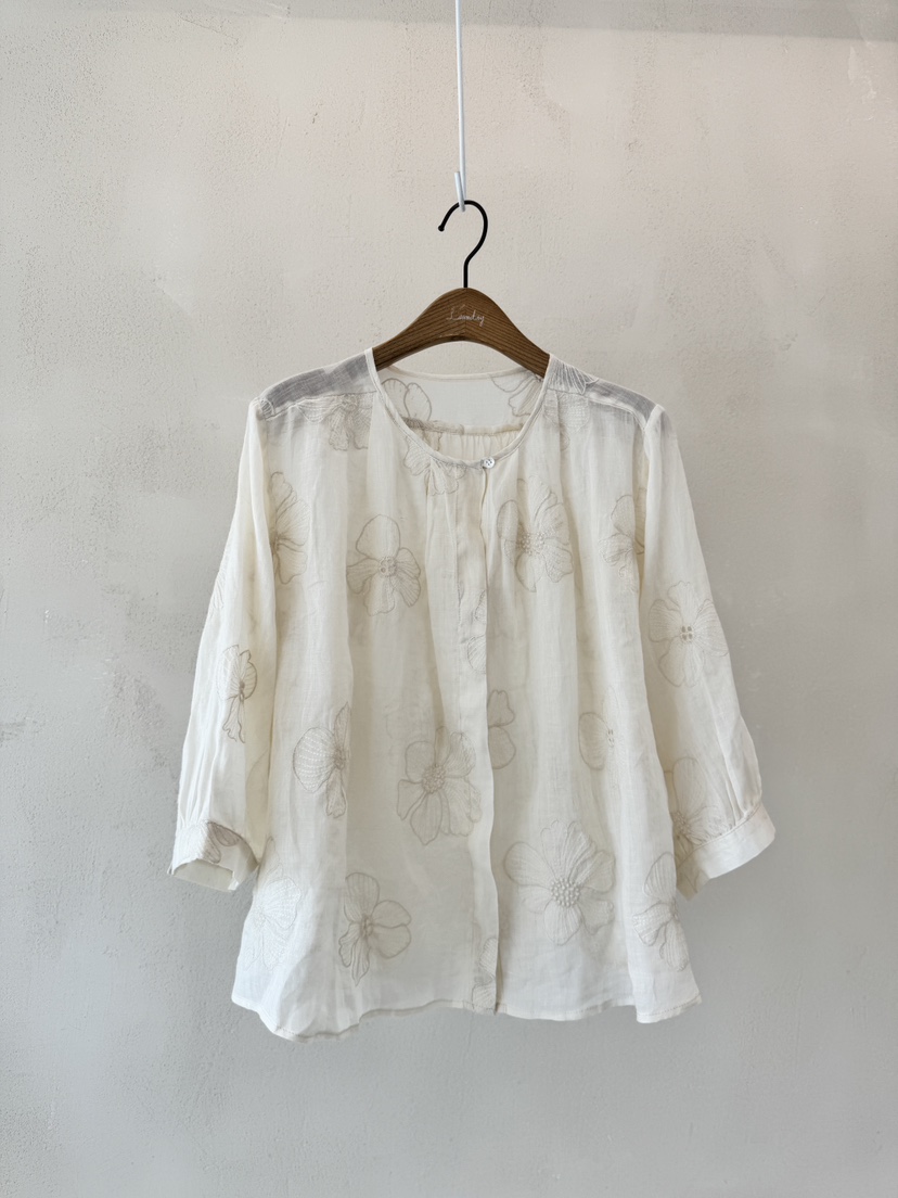 LAUNDRY韓國㊣直郵東大門代購女裝新品休閑襯衫蕾絲衫刺繡亞麻LAUNDRY襯衫/蕾絲衫