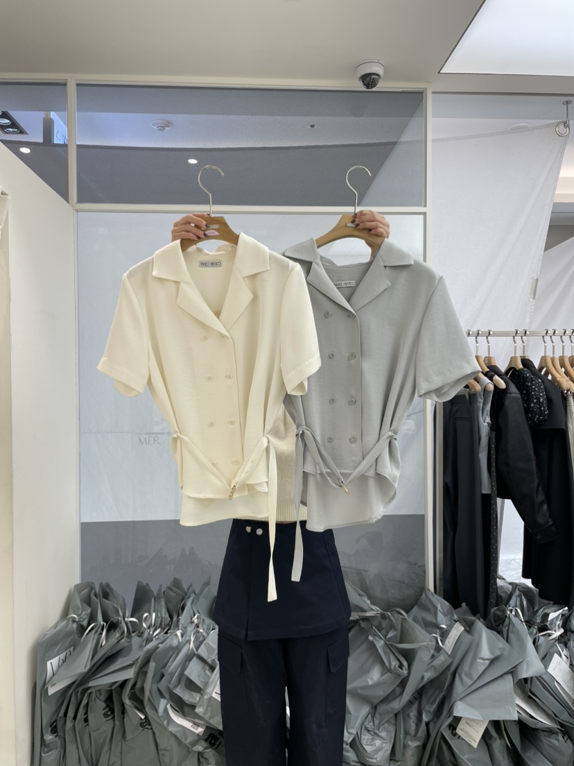 MER韓國直郵㊣女裝新品25春夏休閑推薦熱賣襯衫蕾絲衫含腰帶MER/ANGELO BIANCO襯衫/蕾絲衫