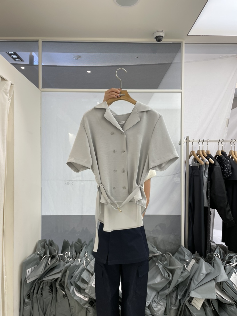 MER韓國直郵㊣女裝新品25春夏休閑推薦熱賣襯衫蕾絲衫含腰帶MER/ANGELO BIANCO襯衫/蕾絲衫圖色2