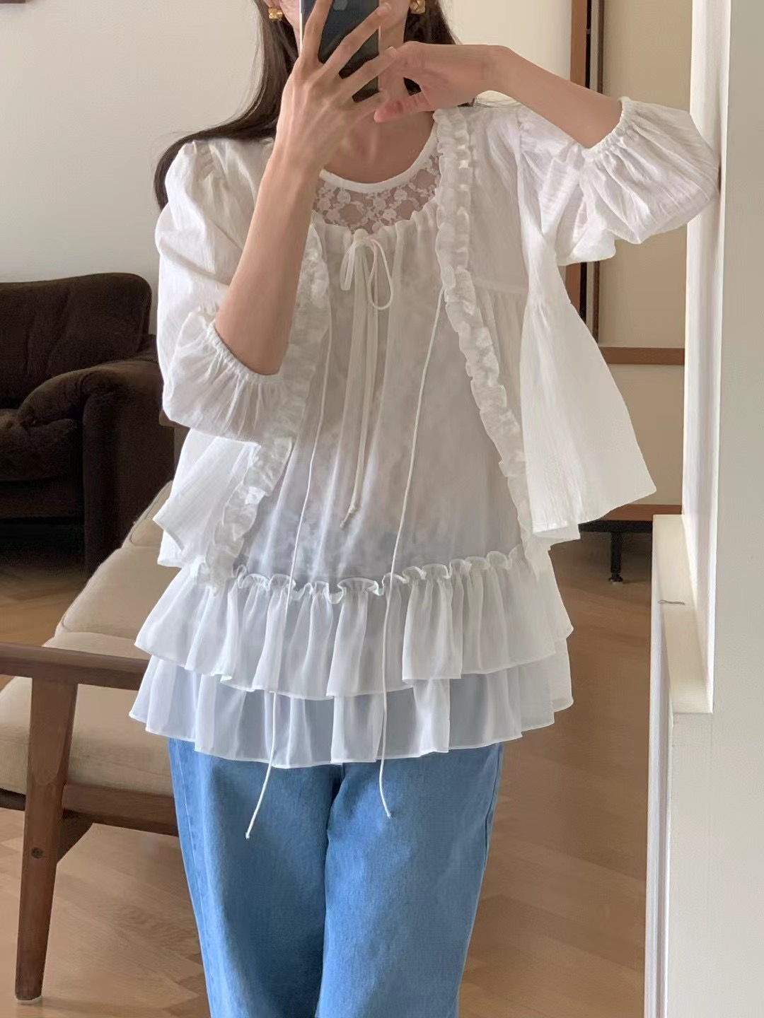 JUILLYSTYLE韓國㊣直郵東大門代購女裝新品25春夏襯衫蕾絲衫蕾絲開衫JUILLYSTYLE襯衫/蕾絲衫