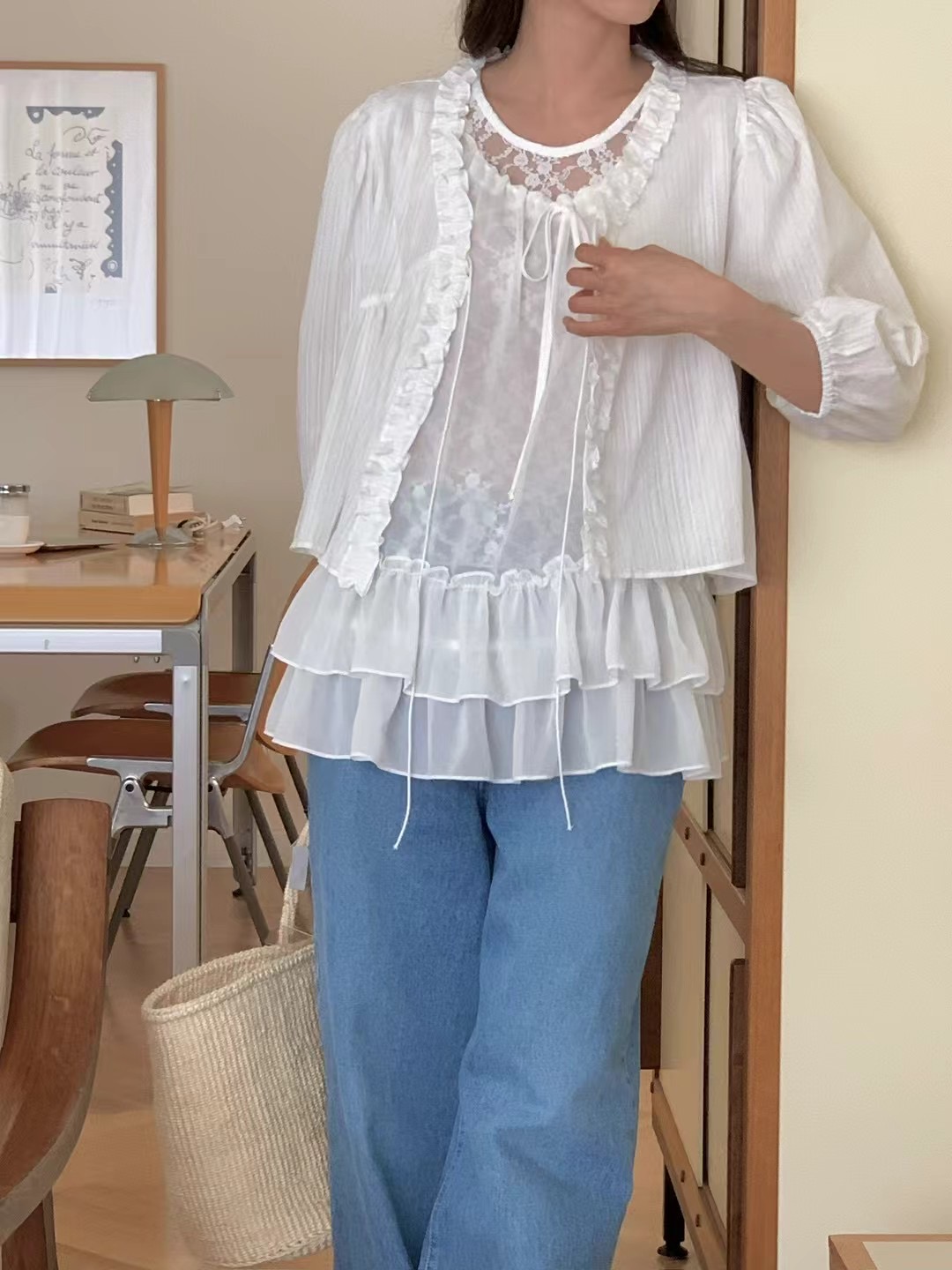 JUILLYSTYLE韓國㊣直郵東大門代購女裝新品25春夏襯衫蕾絲衫蕾絲開衫JUILLYSTYLE襯衫/蕾絲衫