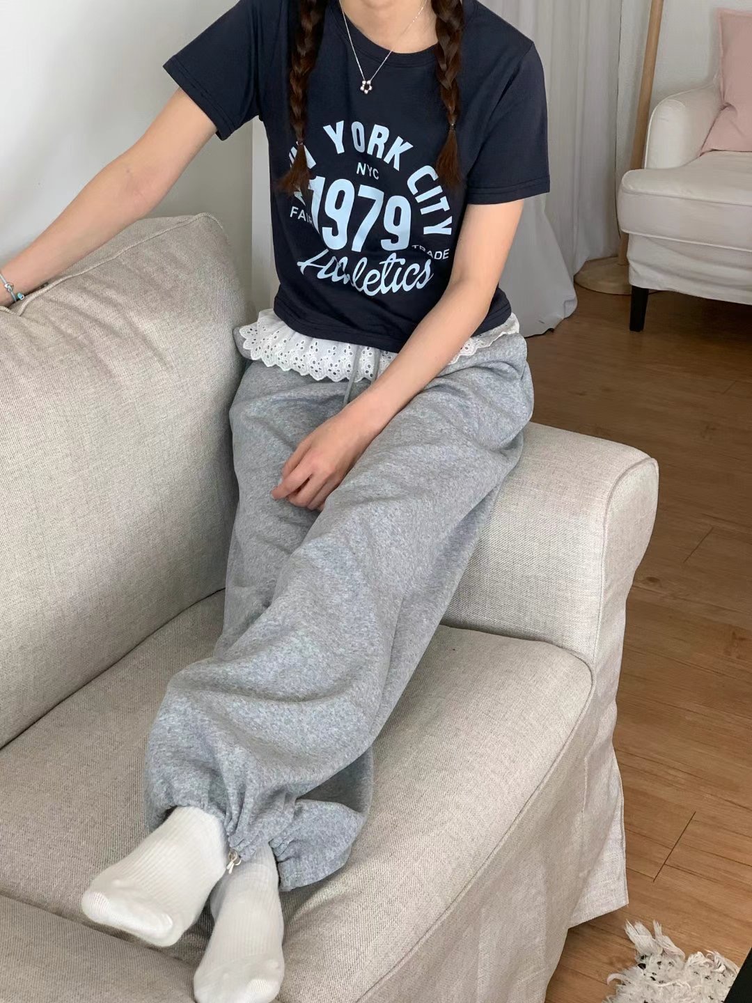 TDOUBLEJ韓國代購女裝新品熱賣職業真品時尚推薦休閑褲蕾絲TDOUBLEJ休閑褲