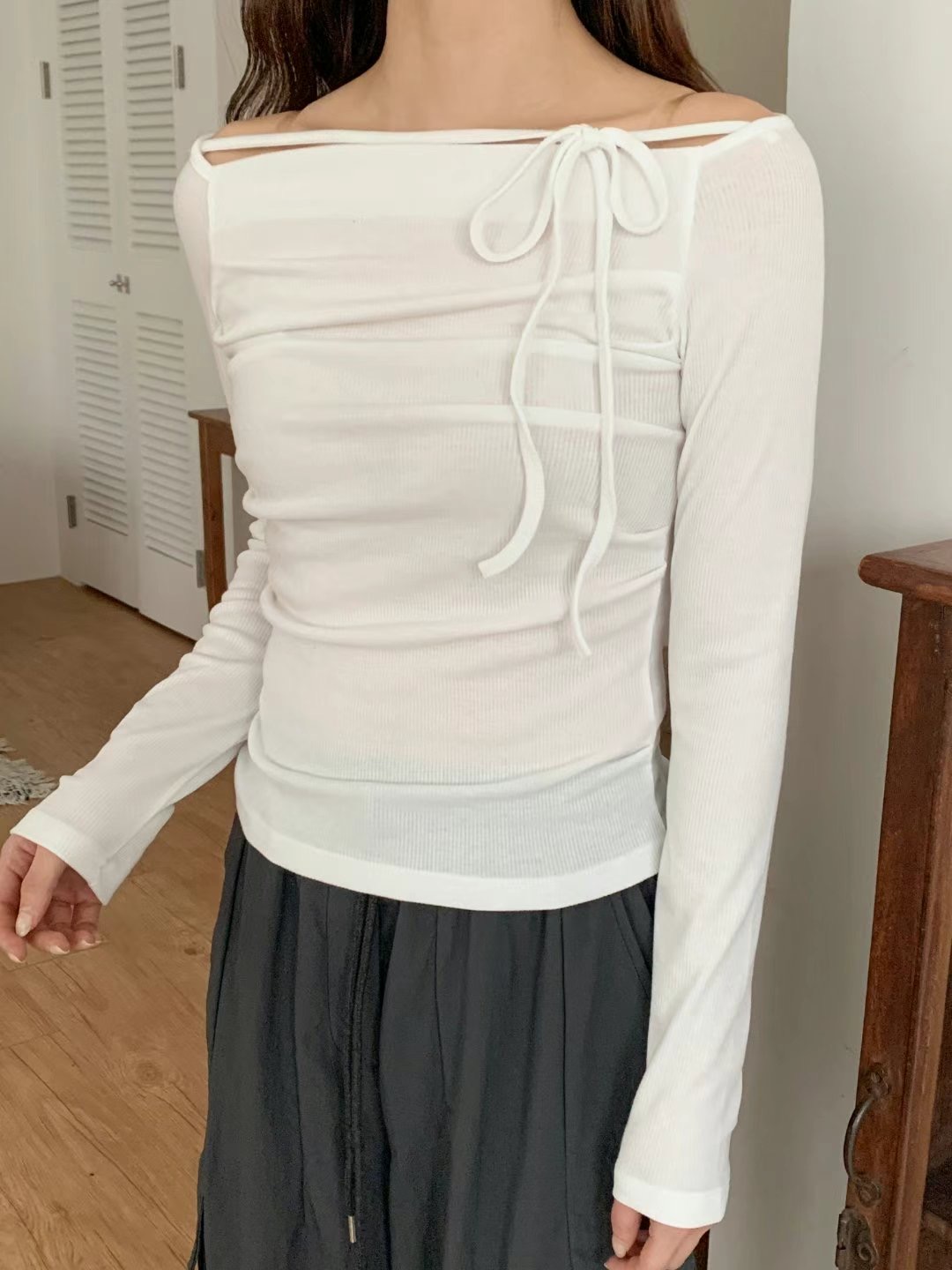 TDOUBLEJ韓國直郵女裝新品時尚人氣真品職業25春夏長袖T恤蝴蝶結TDOUBLEJ長袖T恤