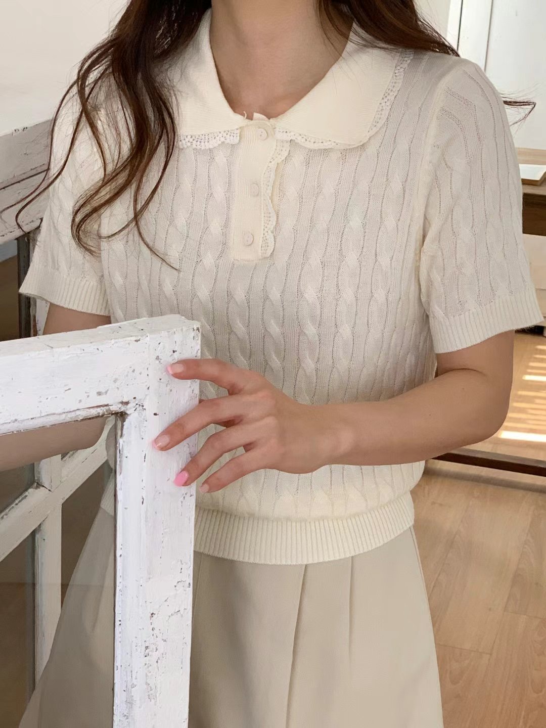 TDOUBLEJ韓國直郵女裝新款休閑25春夏時尚針織衫2件起拿貨蕾絲TDOUBLEJ針織衫
