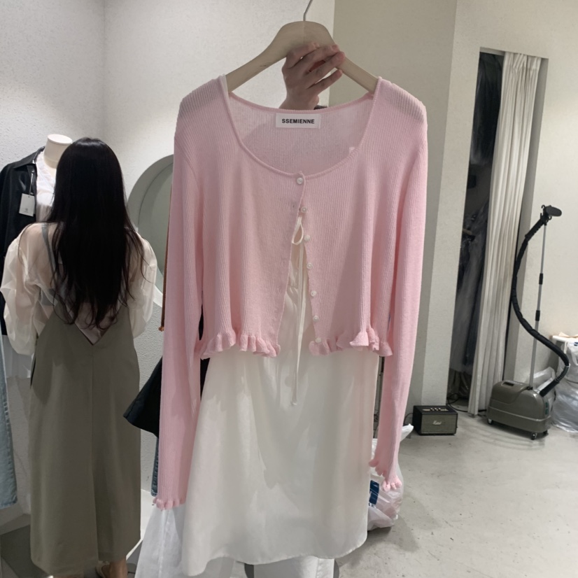 SSEMIENNE東大門實拍女士新品時尚推薦針織衫荷葉邊亞麻開衫SSEMIENNE針織衫圖色2