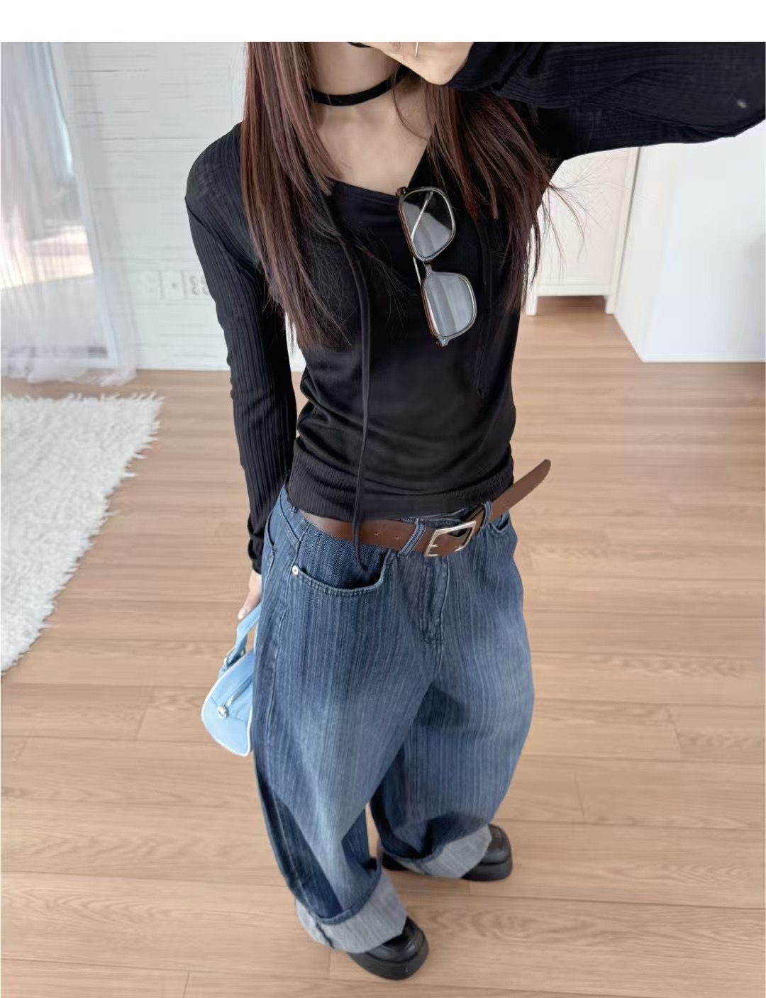 A LIKE韓國㊣直郵東大門代購女裝新品推薦熱賣長袖T恤含脖帶A LIKE長袖T恤