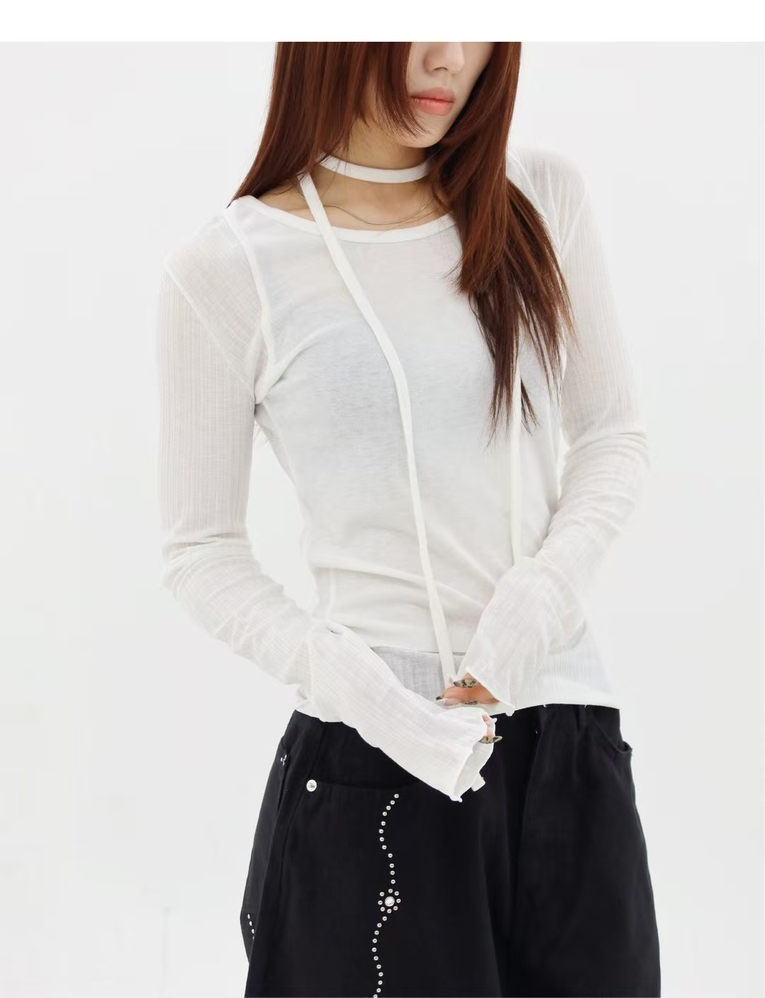 A LIKE韓國㊣直郵東大門代購女裝新品推薦熱賣長袖T恤含脖帶A LIKE長袖T恤
