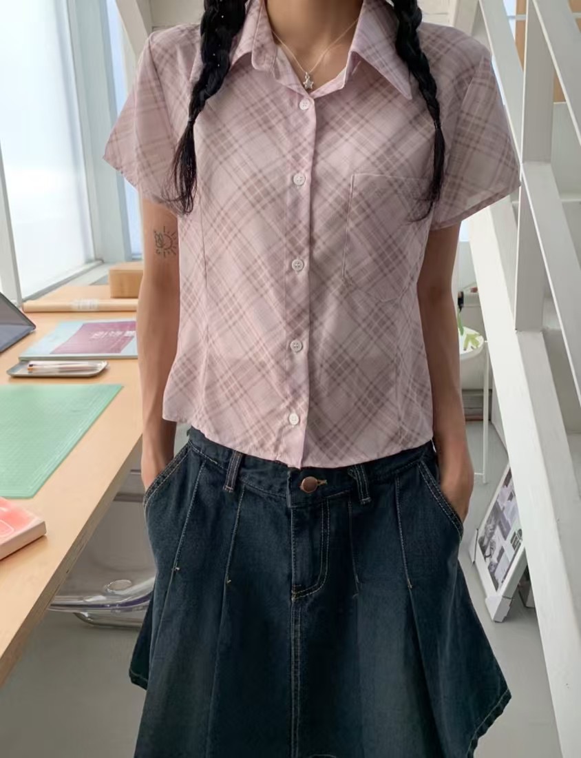 BRILLIANT韓國直郵㊣東大門實拍女裝新款時尚襯衫蕾絲衫格紋BRILLIANT襯衫/蕾絲衫