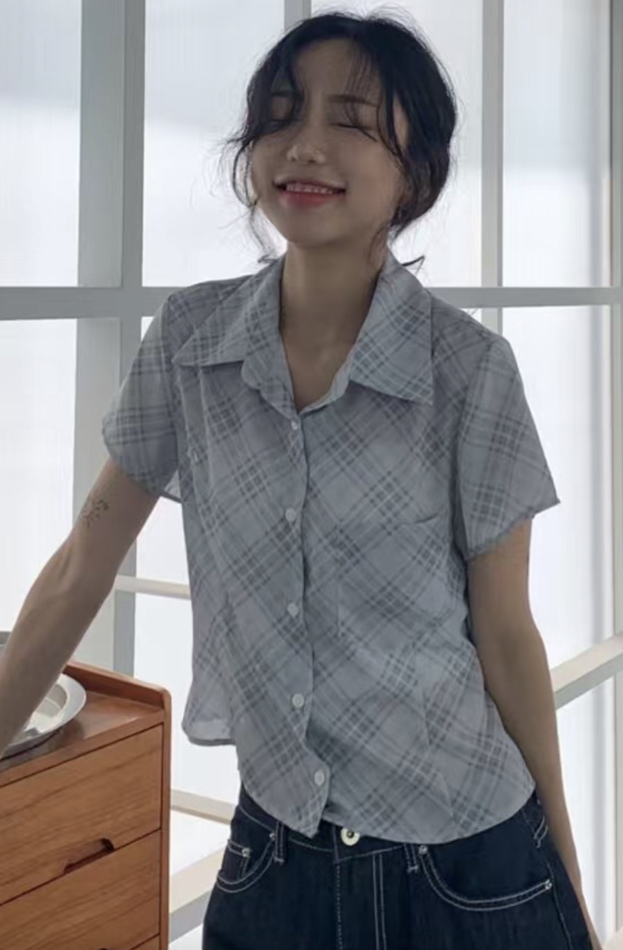 BRILLIANT韓國直郵㊣東大門實拍女裝新款時尚襯衫蕾絲衫格紋BRILLIANT襯衫/蕾絲衫圖色2