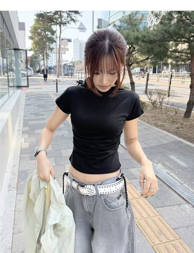 A LIKE韓國直郵㊣東大門實拍女裝新款25春夏時尚T恤高領褶皺A LIKET恤