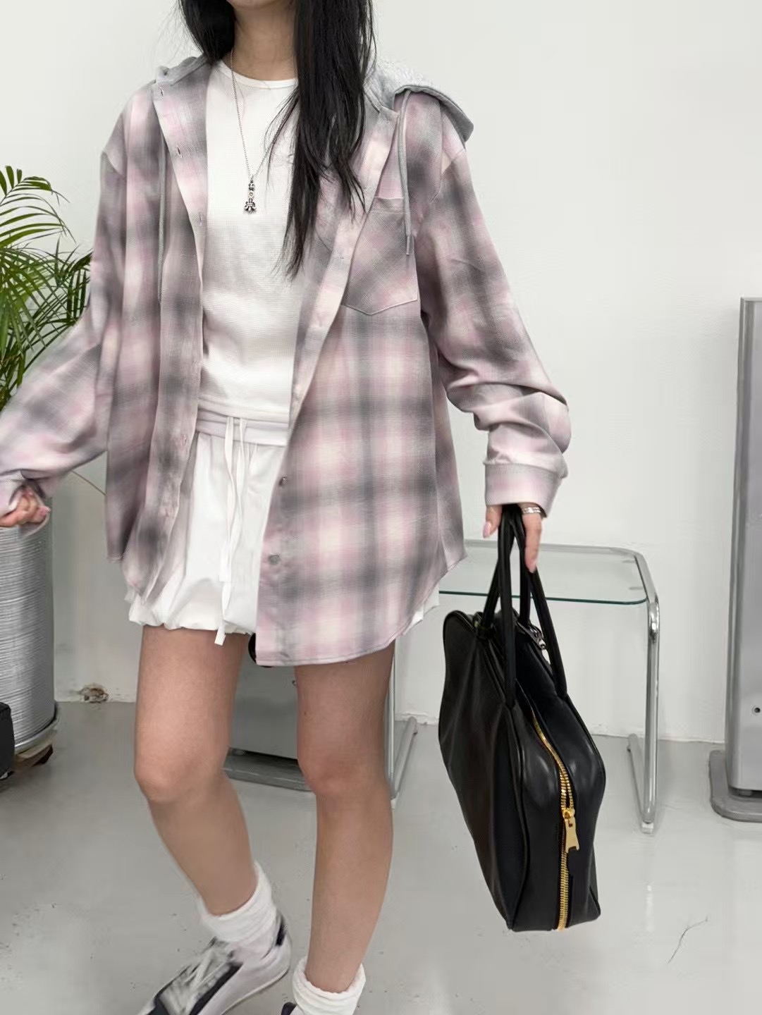 BRILLIANT韓國㊣直郵東大門代購女裝新品休閑熱賣夾克格紋連帽BRILLIANT夾克