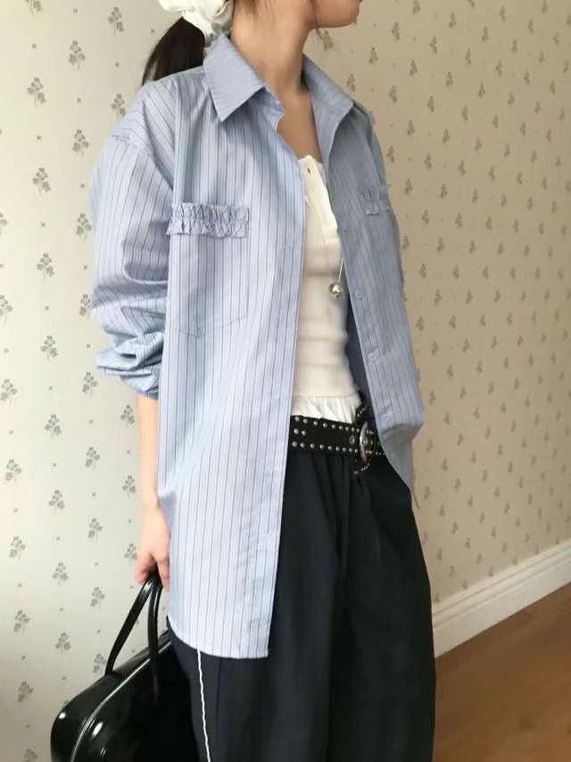 OURSTUDIO韓國㊣直郵東大門代購女裝新品推薦襯衫蕾絲衫荷葉邊條紋OURSTUDIO襯衫/蕾絲衫