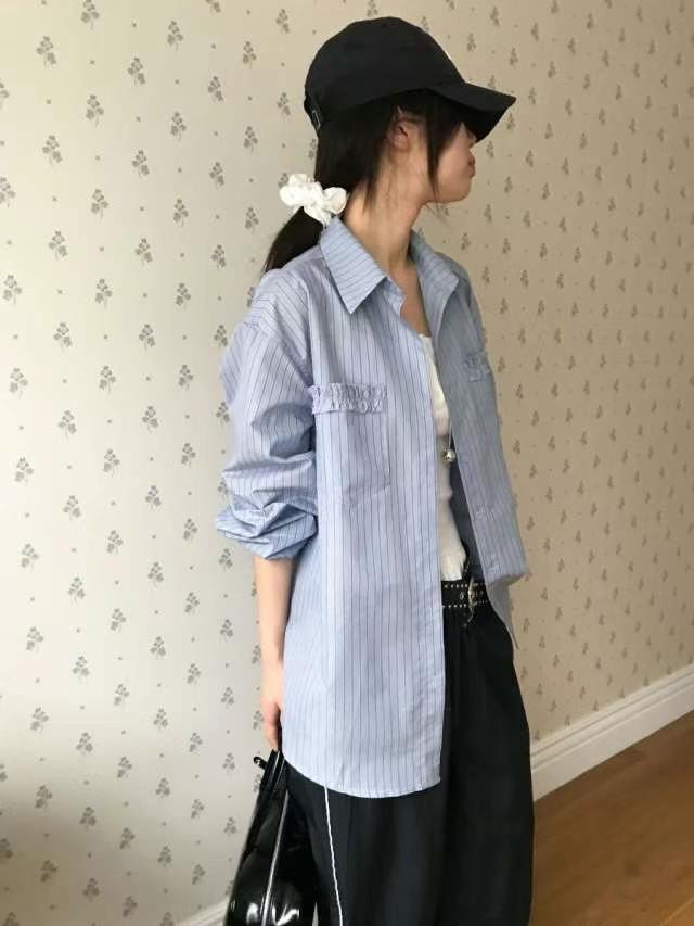 OURSTUDIO韓國㊣直郵東大門代購女裝新品推薦襯衫蕾絲衫荷葉邊條紋OURSTUDIO襯衫/蕾絲衫