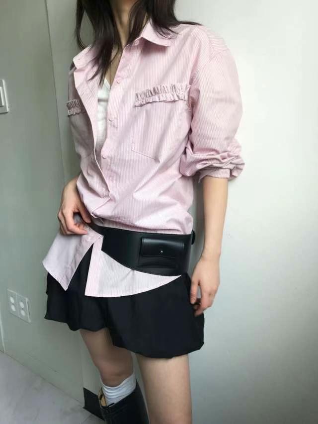 OURSTUDIO韓國㊣直郵東大門代購女裝新品推薦襯衫蕾絲衫荷葉邊條紋OURSTUDIO襯衫/蕾絲衫