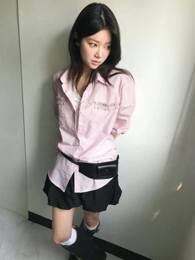 OURSTUDIO韓國㊣直郵東大門代購女裝新品推薦襯衫蕾絲衫荷葉邊條紋OURSTUDIO襯衫/蕾絲衫