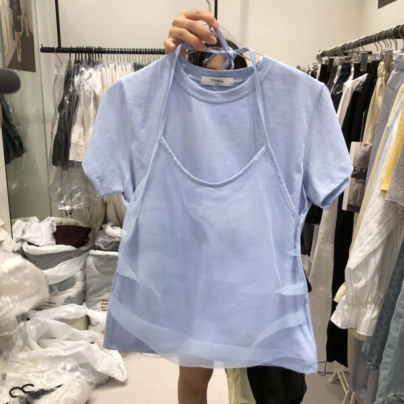 YUNBAL直郵韓國代購㊣女裝新品熱賣休閑25春夏時尚T恤歐根紗YUNBALT恤圖色2