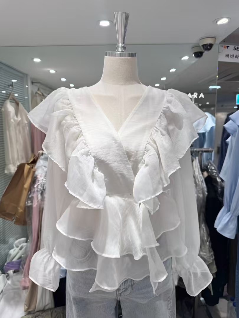 THE BARBARA韓國直郵女士新品推薦時尚襯衫蕾絲衫荷葉邊透視THE BARBARA襯衫/蕾絲衫圖色2