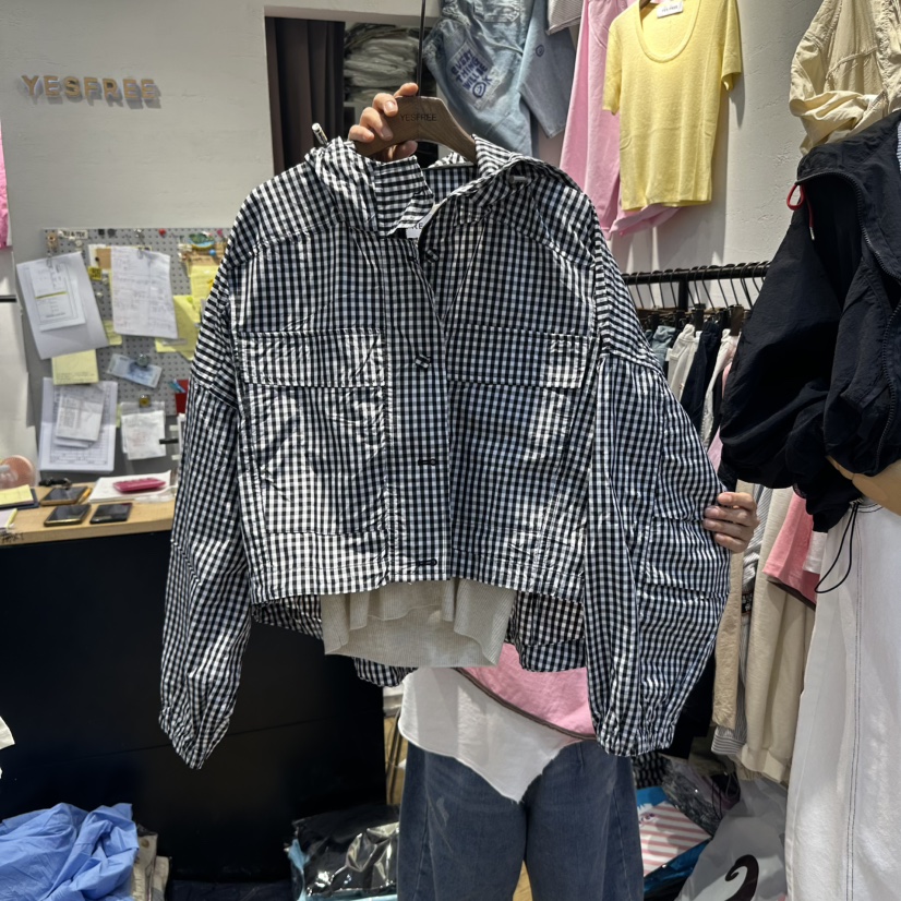 YESFREE韓國直郵㊣東大門實拍女裝新品熱賣人氣夾克連帽衫格紋YESFREE夾克
