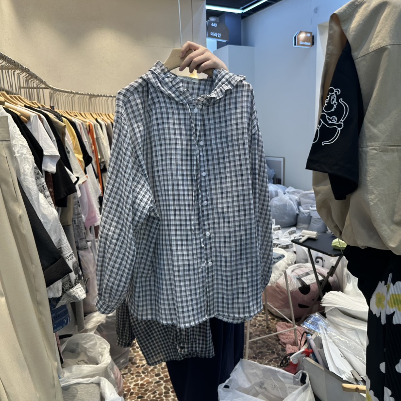 THE LINE-Q直郵韓國代購㊣女裝新款時尚襯衫蕾絲衫荷葉邊連帽衫格紋THE LINE-q襯衫/蕾絲衫
